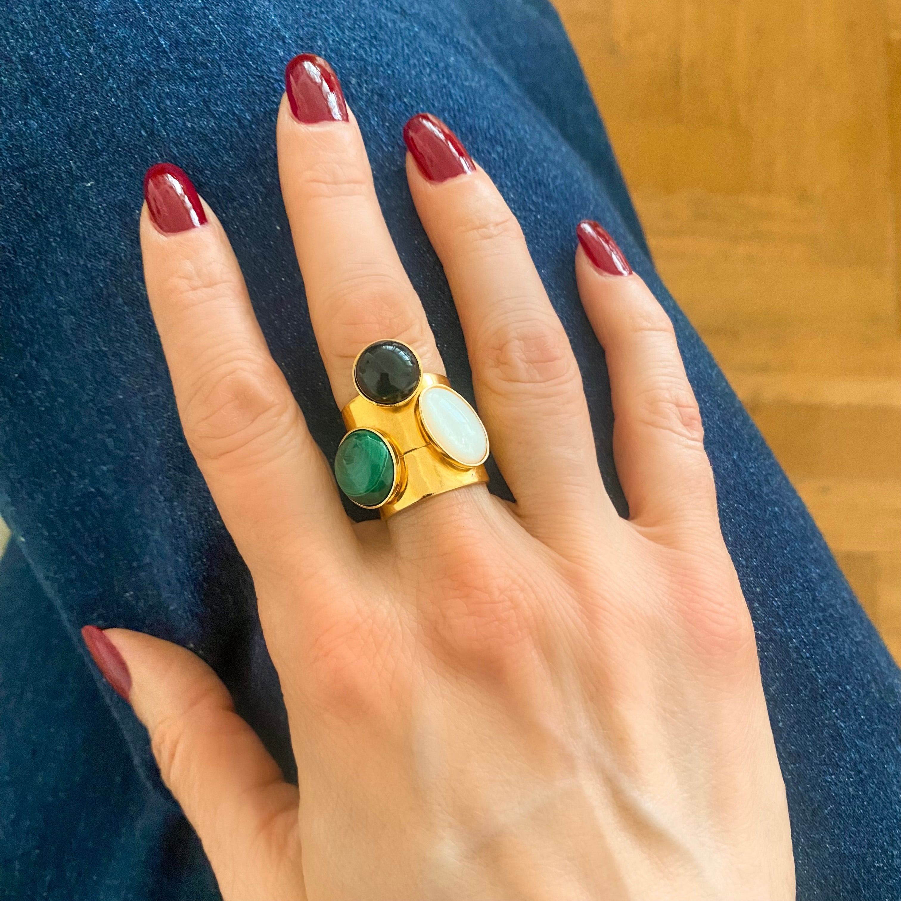 Bague Dita agate noire et malachite