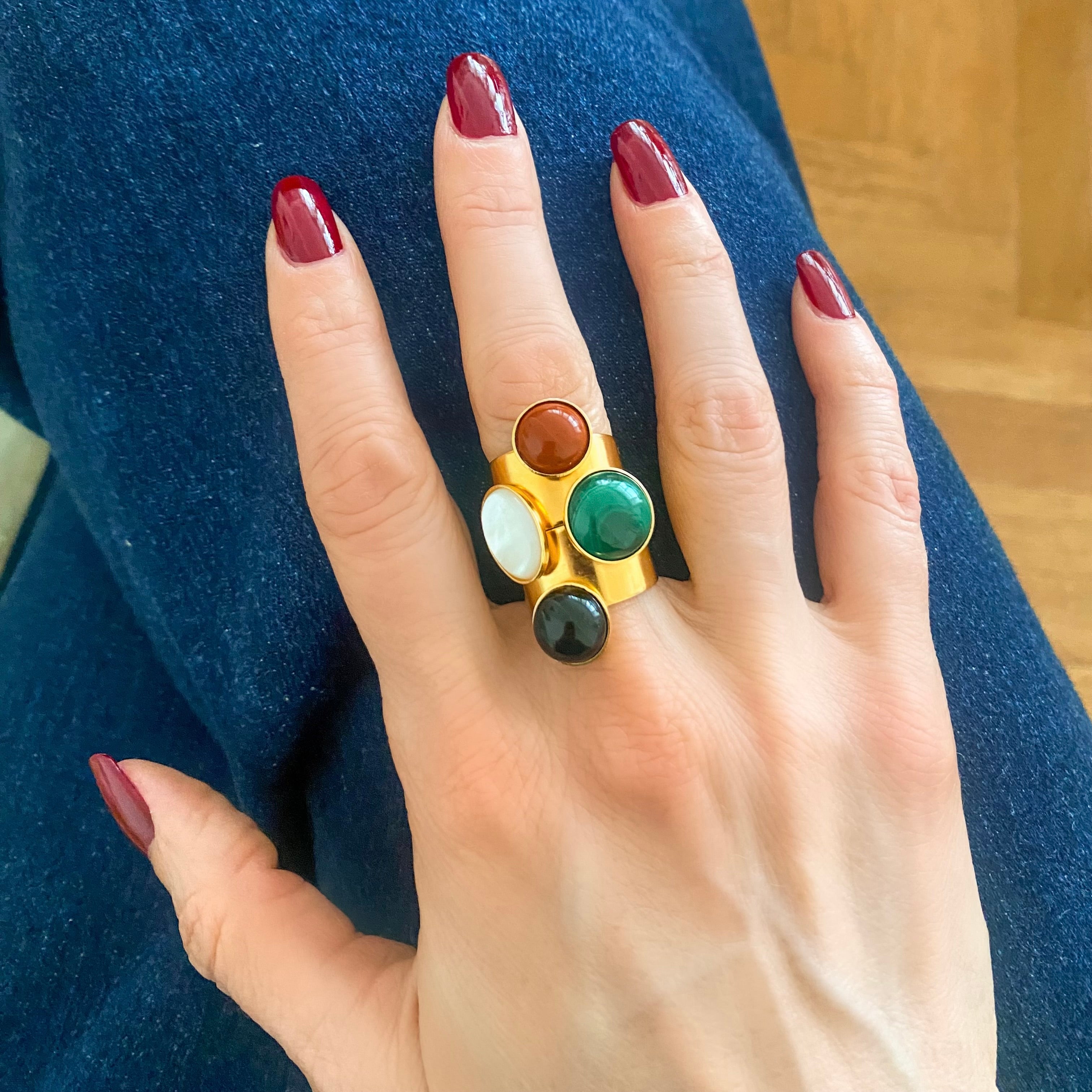 Bague Dita agate noire et malachite