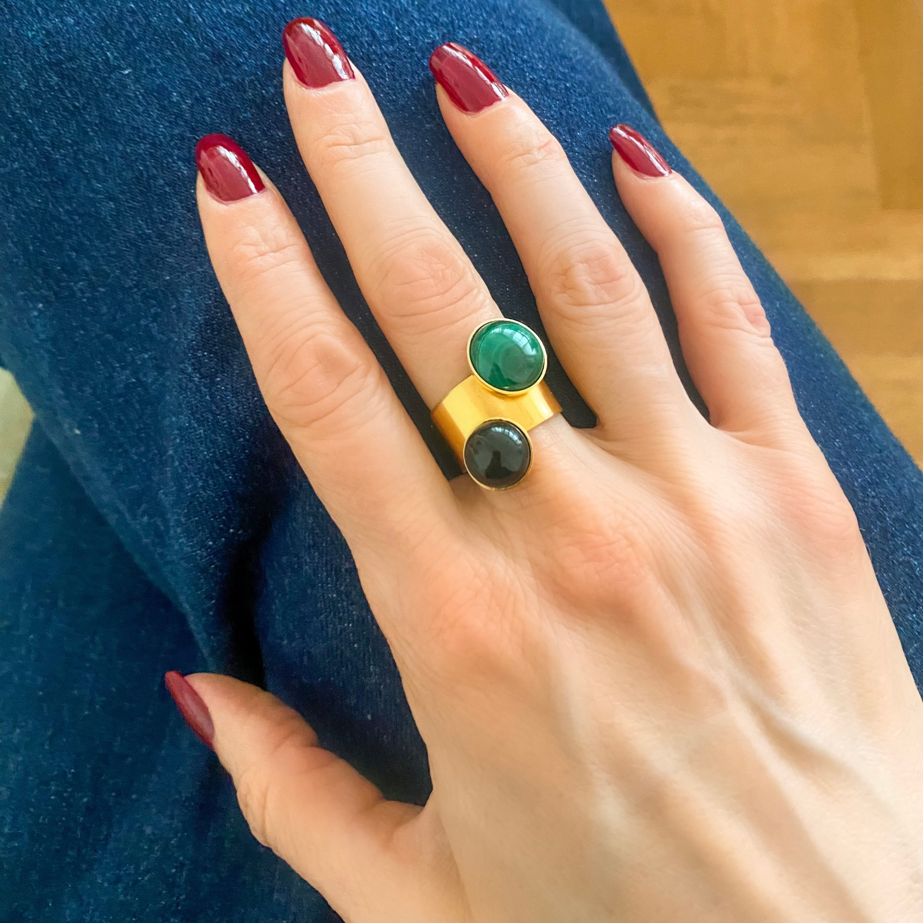 Bague Dita agate noire et malachite