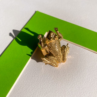 Bague grenouille Eole dorée, détail posé mettant en valeur la texture, la forme de la grenouille et la finition dorée