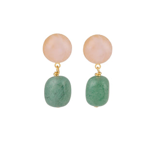 Boucles d'oreilles Anis pierres naturelles, quartz rose et quartz cramberry vert, pour oreilles portées ou clips, packshot sur fond neutre.