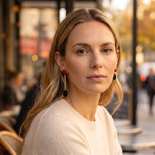 Boucles d'oreilles dépareillées pour oreilles percées et clips avace pierres naturelles, phoo portée.