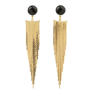 Boucles d’oreilles Niagara pendantes dorées et agate noire, packshot sur fond neutre, disponibles en version percées ou clips.