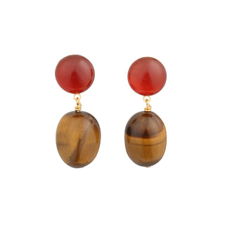 Boucles d'oreilles pendantes en pierres naturelles oeil de tigre et cornaline, pour oreilles percées et clips.