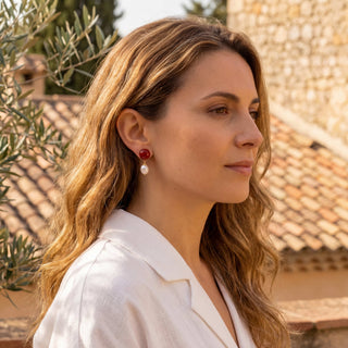 Boucles d'oreilles Colette cornaline & perle blanche