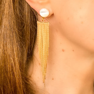 Boucles d’oreilles Niagara pendantes dorées en nacre blanche portées, montrant la longueur, le mouvement et l’éclat de la nacre, disponibles en percées ou clips.