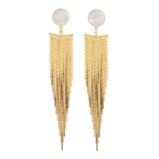 Boucles d’oreilles Niagara pendantes dorées et nacre blanche, packshot sur fond neutre, disponibles en version percées ou clips.