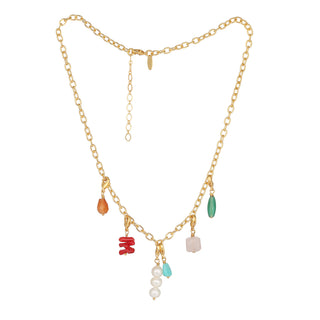 Collier charms Colin Youm — chaîne dorée à l’or fin 24k, charms pierres interchangeables (onyx, perle, agate, quartz rose, amazonite), packshot sur fond blanc.