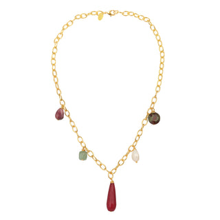 Collier Driss Youm — doré à l’or fin 24k, perles et pierres naturelles (cornaline, onyx, agate), packshot sur fond blanc.  