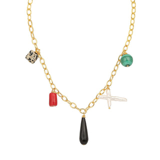 Collier Salomé Youm — doré à l’or fin 24k, perles + pierres naturelles, packshot sur fond blanc.