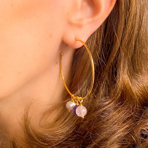 Boucle d'oreille créole Milae améthyste, quartz rose et perle - à l'unité