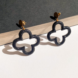 Boucles d’oreilles Trèfle en galuchat noir, détail posé mettant en valeur la texture du galuchat, la forme trèfle et la finition dorée à l’or fin 24 carats.
