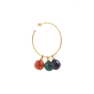 Créole charms Stella dorée Youm avec charms interchangeables en pierres naturelles malachite + agate rouge + onyx noir, packshot sur fond blanc.