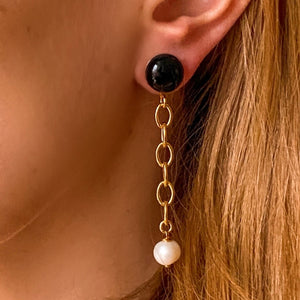Boucles d'oreilles chaine perle et agate noire Lisa