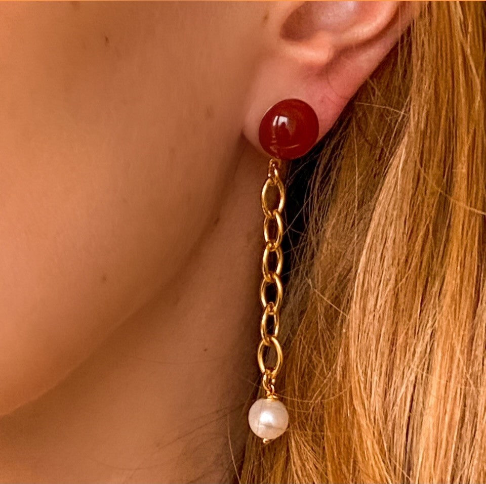 Boucles d'oreilles chaine cornaline et perle Lisa